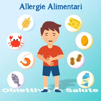 Bambino con allergie alimentari con indicazione dei cibi che possono procurare intolleranze