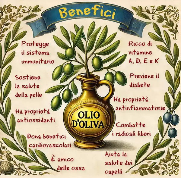 immagine con una bottiglia di olio al centro con tutti i benefici scritti intorno: benefici cardiovascolari, combatte i radicali liberi, proprietà antiossidanti, ricco di vitamine a, d, e e k, sostiene la salute della pelle, proprietà antinfiammatorie, aiuta la salute dei capelli, previene il diabete, protegge il sistema immunitario, amico delle ossa