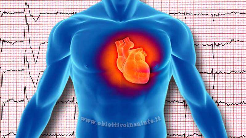 Immagine del corpo umano con evidenza del cuore con allo sfondo un elettrocardiogramma
