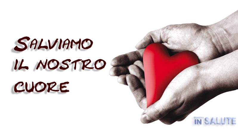 Un oggetto a forma di cuore di colore rosso tenuto tra le mani di un uomo e con la scritta "Salviamo il nostro cuore"