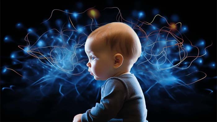 Neonato seduto in primo piano e sullo sfondo la rete neurale di un cervello