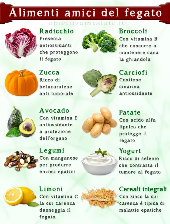 Elenco di cibi che fanno bene al fegato con le proprietà principali: radicchio, broccoli, zucca, carciofi, avocado, patate, legumi, yogurt, limoni, cereali integrali