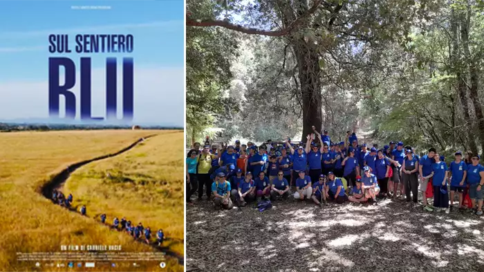 Locandina del film "sul sentiero blu" con al fianco una foto di gruppo dei ragazzi del sentiero blu