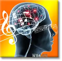 Testa umana con evidenziato il cervallo circondato da note musicali