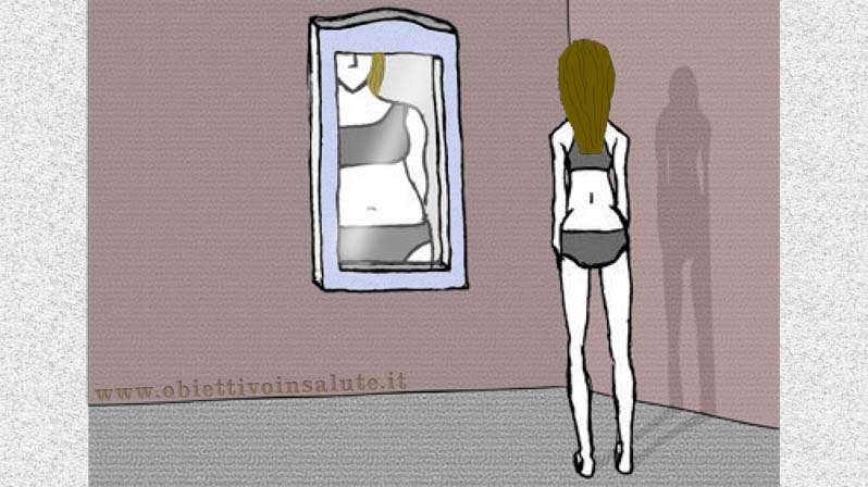 Una ragazza magra che si guarda allo specchio che riflette una donna grassa