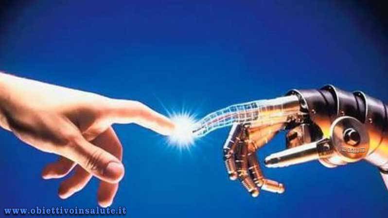 L'indice di una mano umana tocca l'indice di una mano robotica