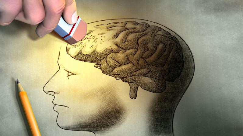 Disegno di una testa umana con evidenza del cervello cancellato nella parte centrale da una gomma da cancellare, così come l'alzheimer cancella i ricordi dalla memoria