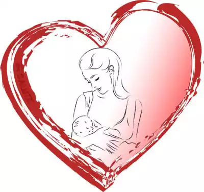 il contorno di un cuore rosso fatto con un pennello all'interno del quale c'è disegnata, a matita, una mamma che allatta suo figlio
