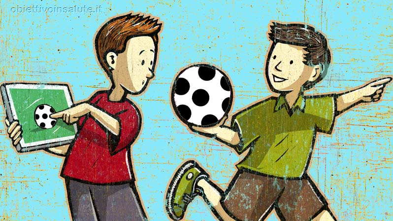 Due bambini che giocano a calcio, ma uno con un videogioco e l'altro con un pallone