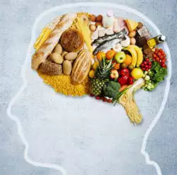 Immagine che raffigura una testa umana il cui cervello è formato da alimenti come frutta, verdura, cereali, pesce, ecc.