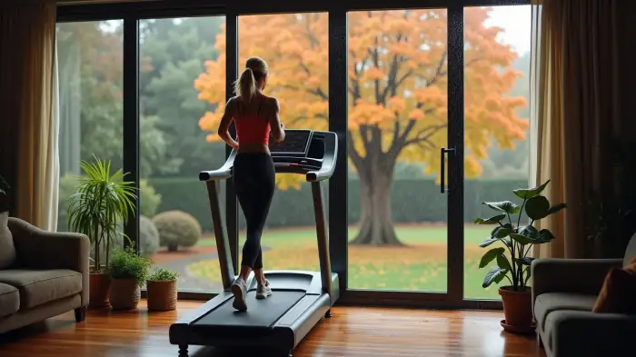 Una donna corre su un tapis roulant davanti a una vetrata che da su un giardino autunnale  colpito dalla pioggia