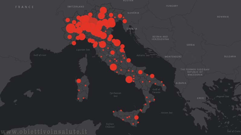 Cartina dell'Italia con l'aggiornamento delle aree affette da coronavirus. Il Nord è quasi tutto rosso, mentre i focolai al sud sono pochi