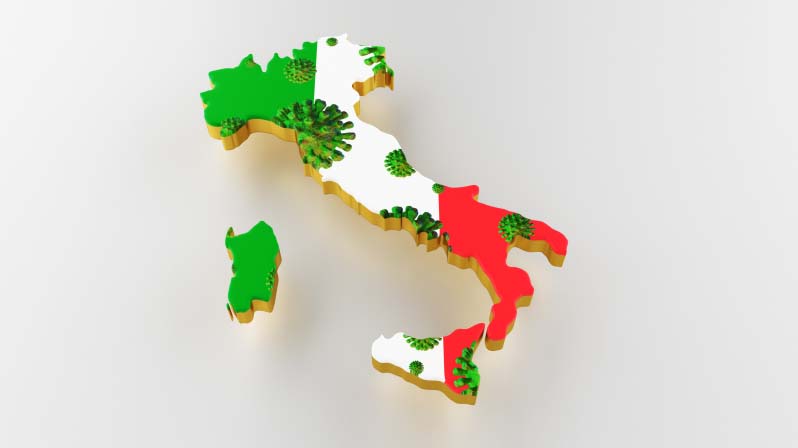 Immagine dell'Italia tricolore con delle macchie a raffigurare il covid-19