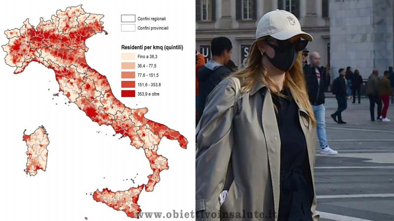 A sinistra dell'immagine c'è la cartina dell'Italia con indicati i focolai di virus e a destra una dona che passeggia in una piazza con la mascherina