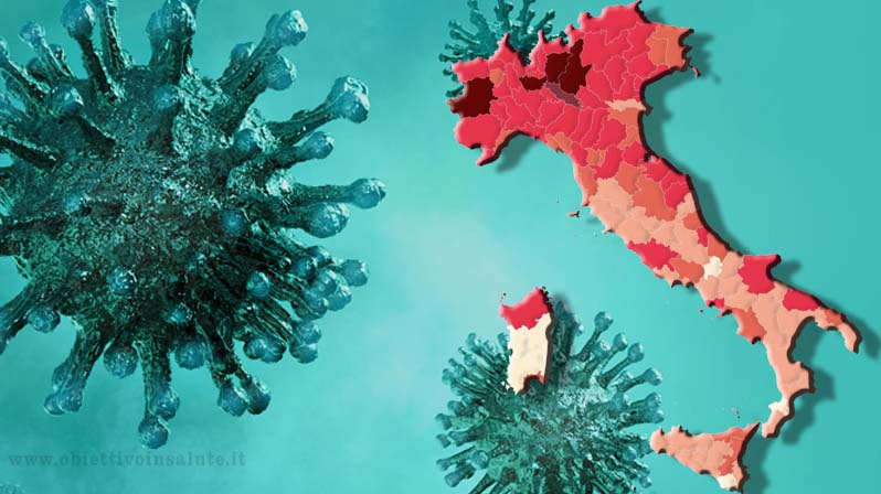 Immagine dell'italia con evidenza delle zone più esposte al coronavirus con nello sfondo delle immagini di virus
