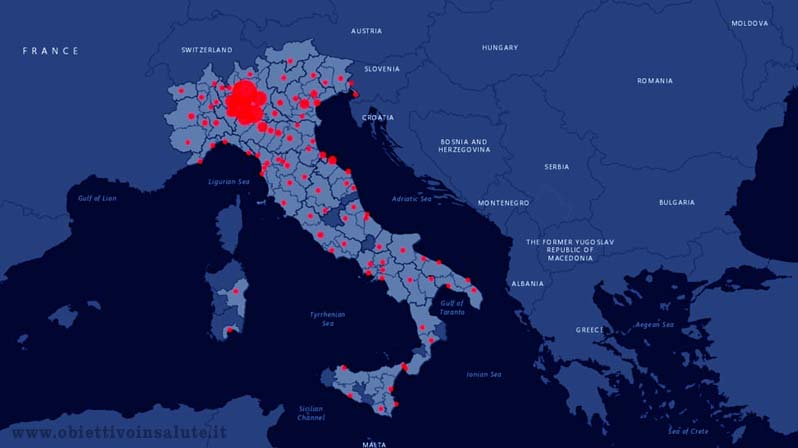 Cartina dell'Italia con evidenza delle zone covid. Piemonte e Lombardia le zone più infette