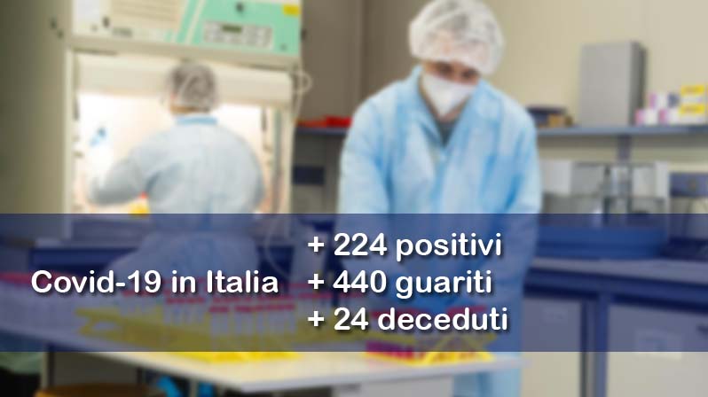 Sullo sfondo due medici effettuano degli esami su delle provette, in primo piano dell’immagine vengono riportati i dati aggiornati del contagio in Italia