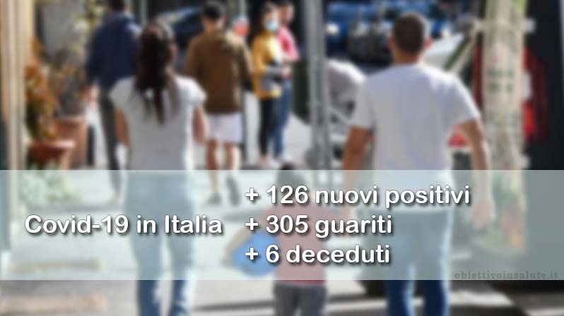 Sullo sfondo una famiglia con madre, padre e figlia passeggiano per strada, in primo piano dell’immagine vengono riportati i dati aggiornati del contagio in Italia
