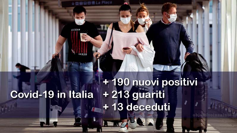 Sullo sfondo, due coppie di passeggeri con le mascherine attraversano il gate dell'aeroporto, in primo piano dell’immagine vengono riportati i dati aggiornati del contagio in Italia