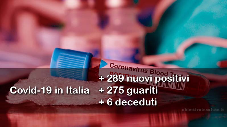 provetta con del sangue risultato positivo al test del covid-19, in primo piano dell’immagine vengono riportati i dati aggiornati del contagio in Italia