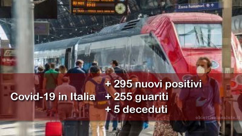 Passeggeri con mascherina in stazione ferroviaria, in primo piano dell’immagine vengono riportati i dati aggiornati del contagio in Italia