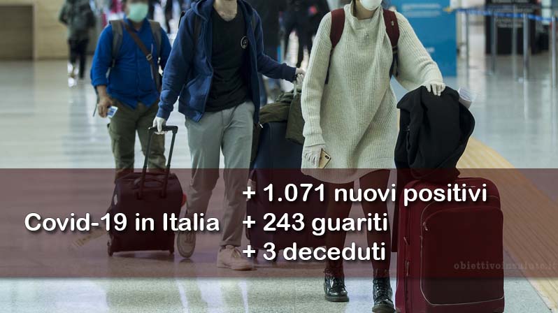 Passeggeri con la valigia che percorrono il corridoio di un aeroporto, in primo piano dell’immagine vengono riportati i dati aggiornati del contagio in Italia