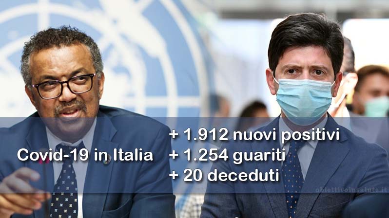 Tedros Adhanom Ghebreyesus e il Ministro Speranza seduti a fianco, in primo piano dell’immagine vengono riportati i dati aggiornati del contagio in Italia