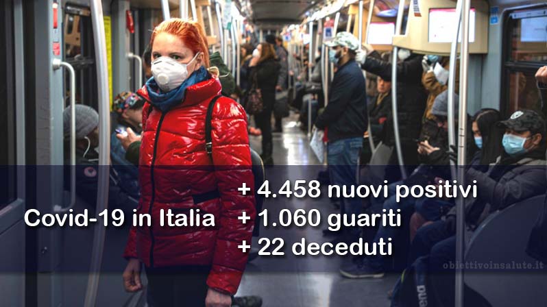 Sullo sfondo ci sono tante persone con la mascherina che  viaggiano in metropolitana, in primo piano dell’immagine vengono riportati i dati aggiornati del contagio in Italia