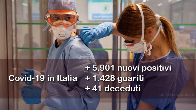 Un'infermiera aiuta una dottoressa a sigillare la tuta anticovid, in primo piano dell’immagine vengono riportati i dati aggiornati del contagio in Italia