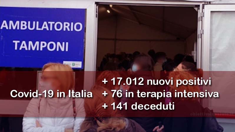 Sullo sfondo delle signore con mascherina sono in fila presso un ambulatorio tamponi, in primo piano dell’immagine vengono riportati i dati aggiornati del contagio in Italia