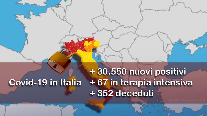 Cartina dell'Europa con evidenziata l'Italia con zone rosse nelle regioni del nord ovest e un lucchetto chiusi su tali regioni, in primo piano dell’immagine vengono riportati i dati aggiornati del contagio in Italia