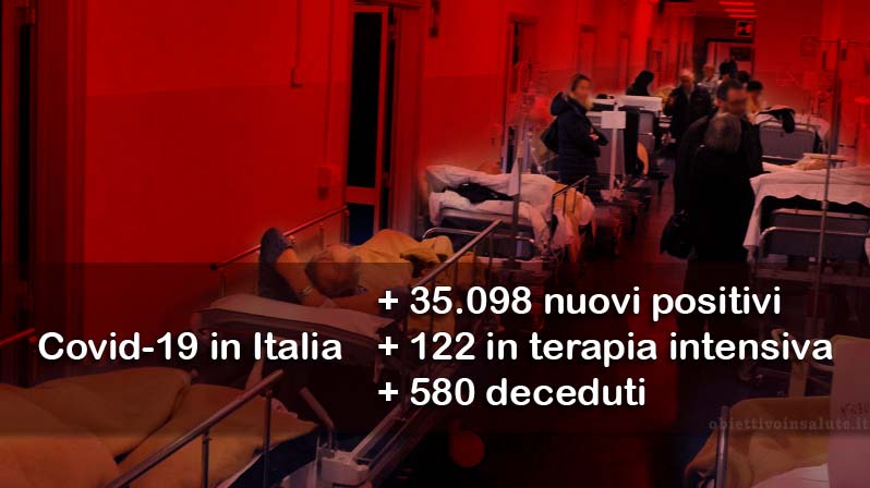 Pazienti su delle barelle in corridoio con vicino i familiari, in primo piano dell’immagine vengono riportati i dati aggiornati del contagio in Italia