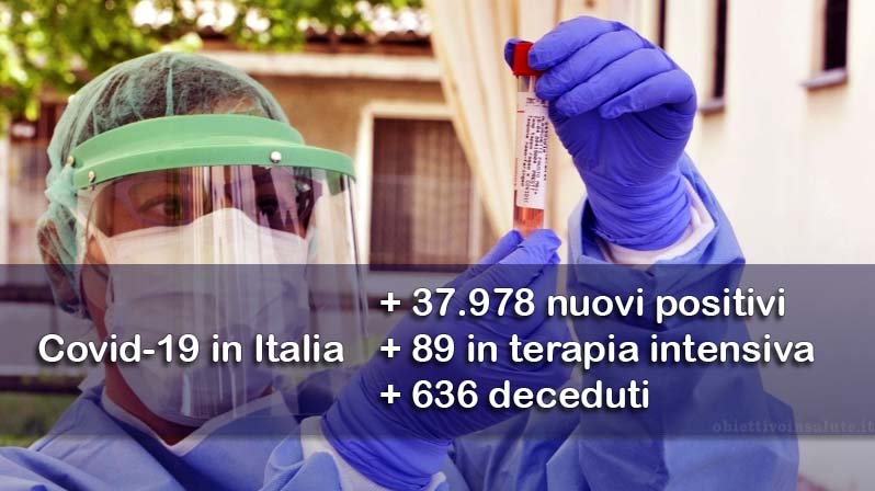 Sullo sfondo un'infermiera tiene tra le mani una provetta con del plasma da analizzare, in primo piano dell’immagine vengono riportati i dati aggiornati del contagio in Italia