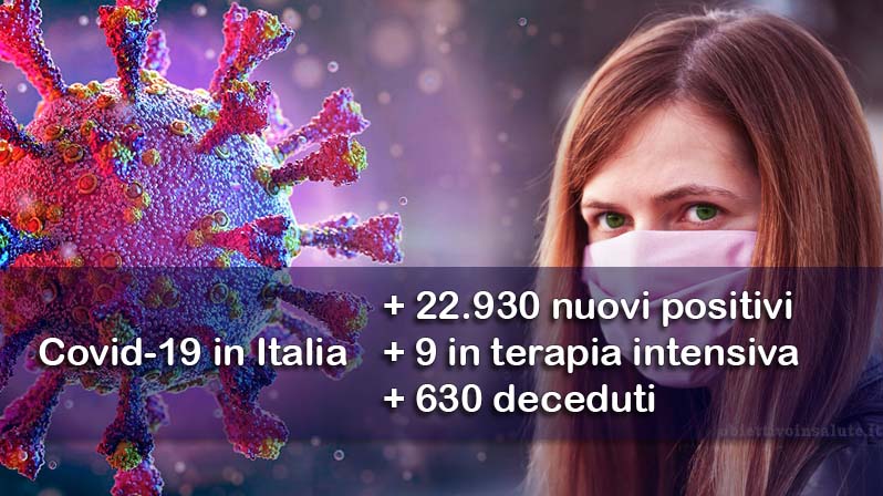 Immagine che mette di fronte una donna con la mascherina e un virus sars-2, in primo piano dell’immagine vengono riportati i dati aggiornati del contagio in Italia