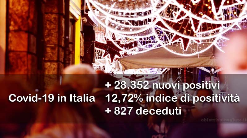 Della gente passeggia per strada sotto le luminarie natalizie, in primo piano dell’immagine vengono riportati i dati aggiornati del contagio in Italia