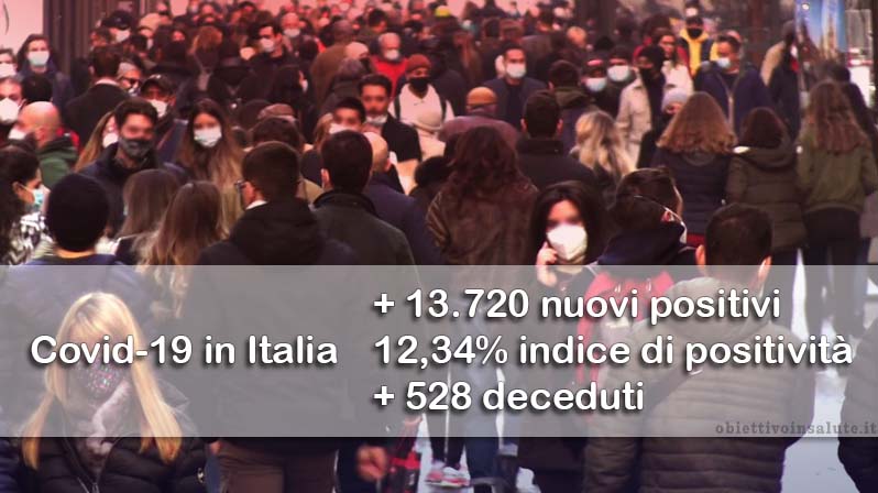 Tantissime persone con la mascherina che camminano per strada, in primo piano dell’immagine vengono riportati i dati aggiornati del contagio in Italia