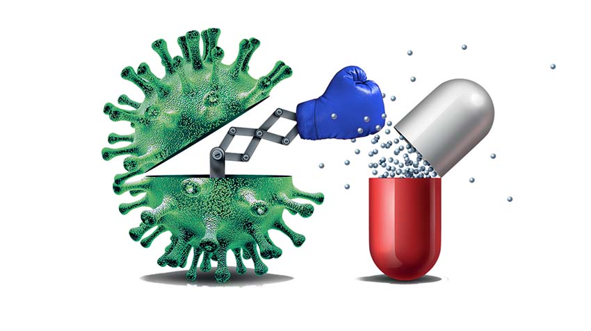 Un disegno in cui un batterio prende a pugni un antibiotico