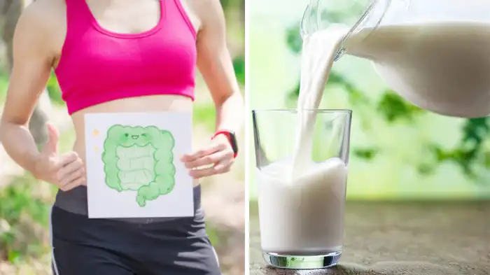 Una donna che fa sport mostra un disegno di un intestino sorridente, mentre a destra viene versato del latte in un bicchiere con una brocca di vetro