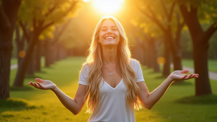 Una bella donna dal volto felice con le braccia aperte e circondata dal verde di un giardino in fiore, guarda il cielo in una splendida mattinata